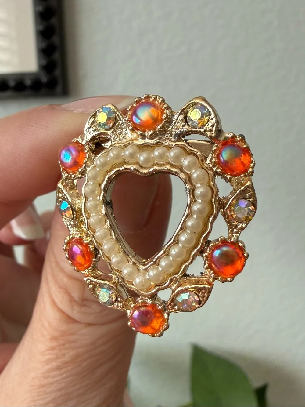 Vintage AB Orange Pink Cabochon & Crystal Rhinestones Pearls Heart Brooch Pin